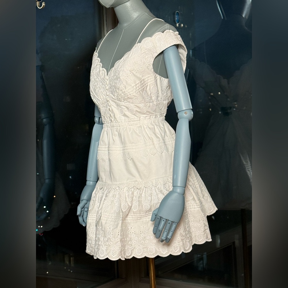 🆕 SELF-PORTRAIT 🧿 NWOT White Scallop Edge Off-Shoulder Mini Dress Sz UK12 US 8 - Picture 6 of 14